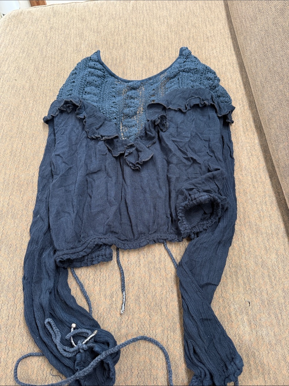 Womens black Crochet Ruffle Long-Sleeve Top open tie back. Sorry photos suck